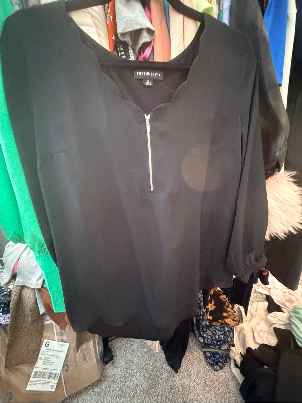 Fortune & Ivy Black Scallop Zip Blouse
